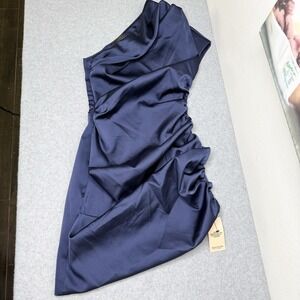 New PLT Label Navy Blue Satin Structured Draped One Shoulder Bodycon Dress US 2